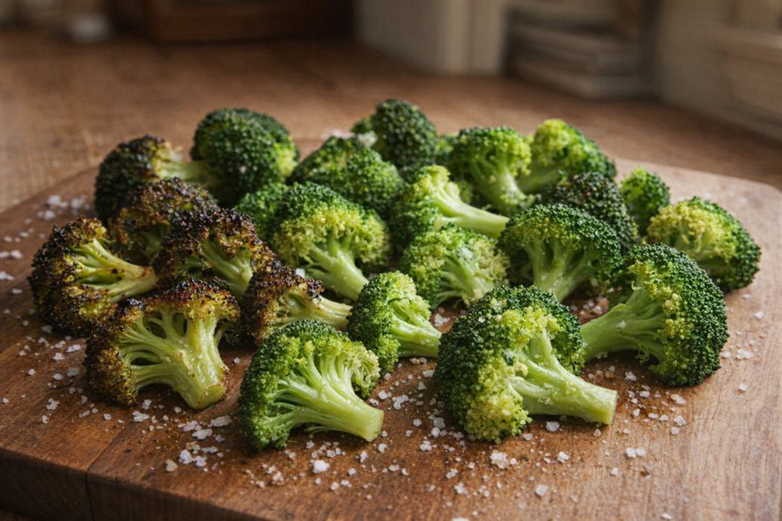 An overhead shot of perfectly cooked broccoli florets, some roasted with crispy edges, others steamed and vibrant green, arranged artfully on a wooden cutting board with a sprinkle of sea salt